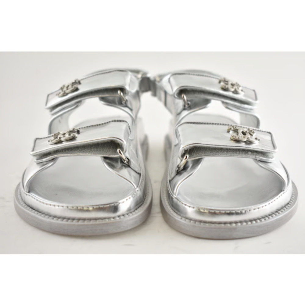 Chanel 22C Silver Laminated Star CC Logo Mule Slide Strap Flat Dad Sandal 35.5 - Picture 11 of 12